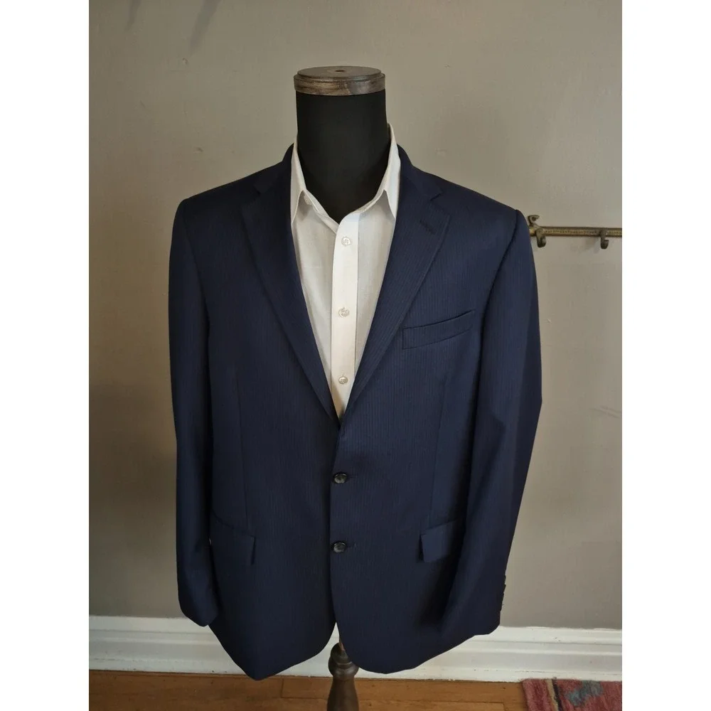 Hart Schaffner Marx Mens Wool Sport Coat 44L Blue Striped 2 Button USA D606
